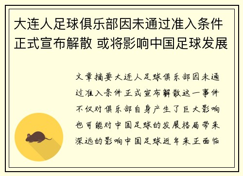 大连人足球俱乐部因未通过准入条件正式宣布解散 或将影响中国足球发展格局